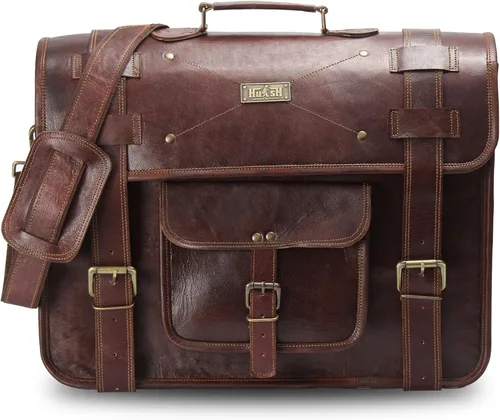 Vista 6 de Bolso de mensajero de cuero de grano completo para hombres Bolsa de cuero para computadora portátil para hombres, maletín de cuero genuino bolsa