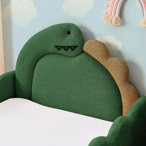 Vista 7 de Cama infantil con forma de dinosaurio de tamaño individual con barandilla de seguridad, marco de cama de piso de madera maciza para niños