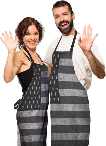 Vista 5 de Delantal de cocina para hombre, diseño de bandera estadounidense en blanco y negro, delantal de cocina para mujeres, para cocinar, restaurante
