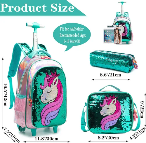 Vista 2 de Rolling Backpack for Girls Kids Luggage Wheels Laptop Suitcase for Elementary Students