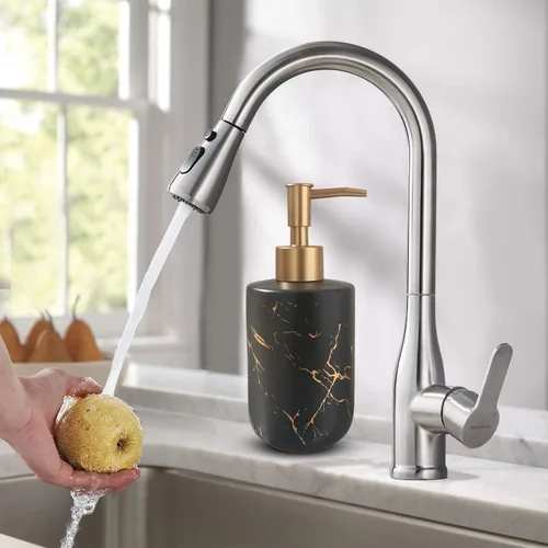 Vista 3 de Dispensador de jabón de cerámica de mármol negro con bomba dorada para baño y cocina, dispensador de platos recargable, dispensador de jabón líquido