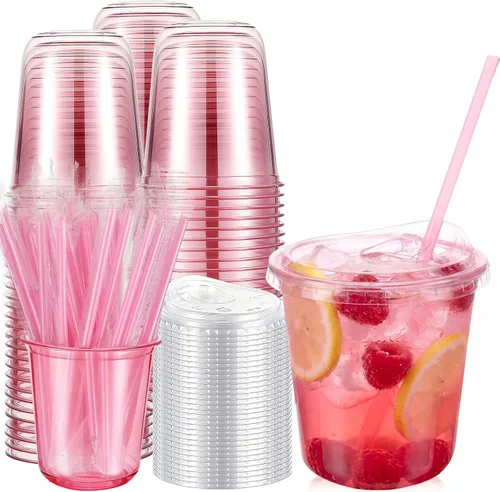 Vista 26 de Ziliny Paquete de 50 vasos de plástico transparente negro de 12 onzas con tapas y popotes, vasos desechables para mascotas, taza de café helado