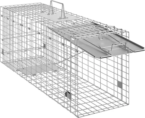 Vista 9 de VEVOR Trampa de jaula para animales vivos, 31 x 10 x 12 pulgadas, trampa para gatos humanitarios de hierro galvanizado, trampa plegable