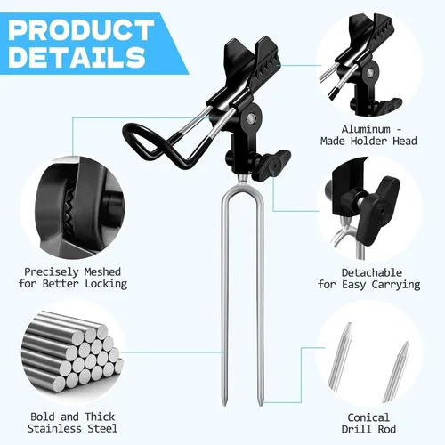 Vista 5 de Fishing Rod Holder for Ground, 2/4pcs Fishing Pole Holders for Ground, Bank Fishing Rod Holder with 360° Adjustable Extra Long Drill Stake Rod Stand