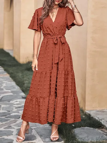 Vista 7 de MASCOMODA Vestidos largos bohemios de lunares suizos para mujer, cuello en V, manga corta, lazo en la cintura, línea A, vestidos largos fluidos