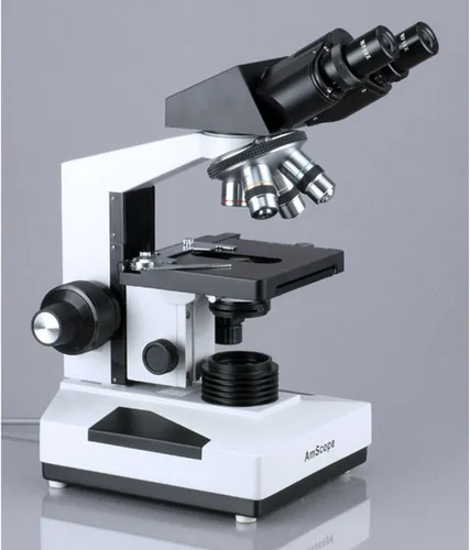 Vista 2 de AmScope Microscopio binocular compuesto B490, Oculares WF10x, Ampliación 40X-1000X, Brightfield, Iluminación halógena, Condensador Abbe, Etapa