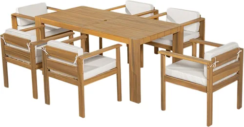 Vista 9 de Patio Dining Table Set for 6, 7-Piece Outdoor Furniture with 73 Inch Rectangular Table, Wood Chairs with Removable Cushions for Backyard, Poolside