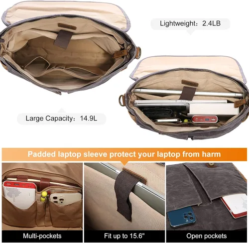 Vista 5 de LOVEVOOK Bolso bandolera para hombre de cuero auténtico impermeable de lona retro de 156 pulgadas para laptop para el trabajo la escuela los viajes