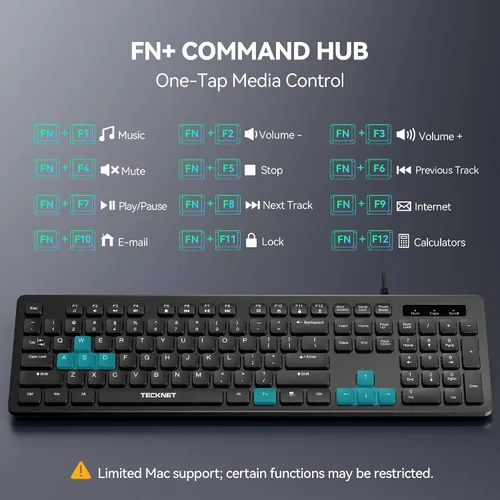 Vista 6 de TECKNET Teclado con cable, escritura silenciosa, diseño de tamaño completo