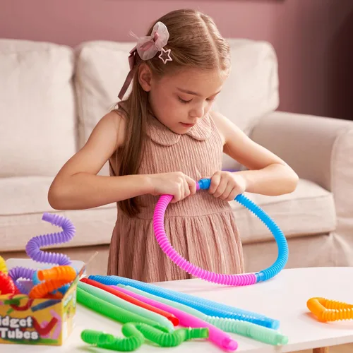 Vista 5 de JOYIN Paquete de 18 Pop Tubes, Juguetes Sensoriales (Pequeños) Juguetes Fidget Recuerdos de Fiesta - 9 Colores, Aprendizaje Creativo y Diversión