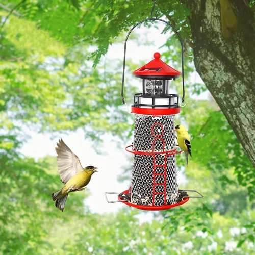 Vista 2 de Comedero Solar para Pájaros Faro con Baliza Giratoria - 14" Colgante Mejor Regalo de Comedero para Amantes de las Aves (Rojo Manzana).