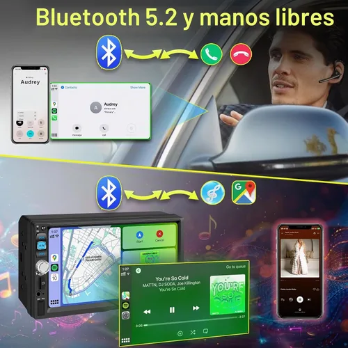 Vista 4 de Apple CarPlay inalámbrico y Android Auto, estéreo de coche doble DIN - Pantalla táctil IPS de 7", 1024*600, radio de coche FM, Bluetooth 5.2, 180W