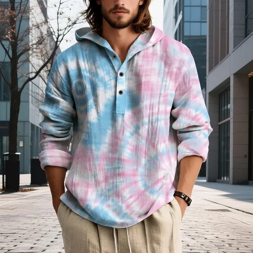 Vista 2 de Camisas de manga larga con estampado de teñido anudado para hombre, sudadera con capucha de 3 botones, sudadera retro cómoda con capucha