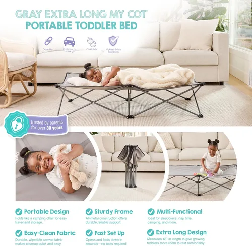 Vista 5 de Regalo My Cot - Cama portátil extralarga, incluye una sábana bajera, gris, 54 x 28 x 12 pulgadas, paquete de 1 unidad