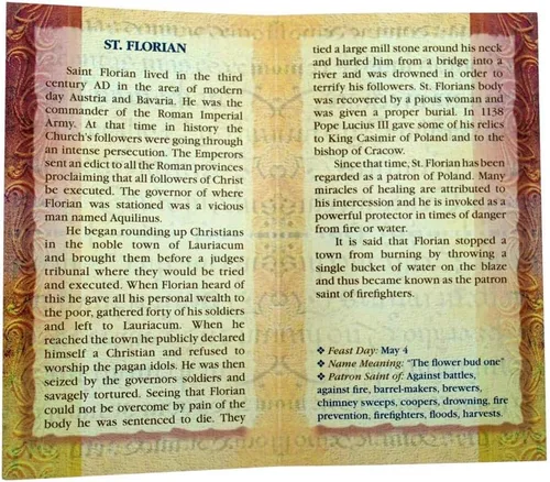 Vista 2 de William J. Hirten Tarjeta Santa Católica Deluxe con Oraciones Tradicionales (San Florian)