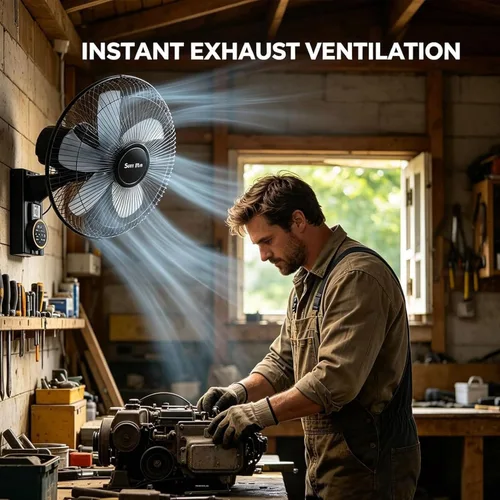 Vista 4 de Ventilador solar para exteriores de 16 pulgadas con control remoto, ventilador solar de montaje en pared, 5 aspas, 3 velocidades, temporizador