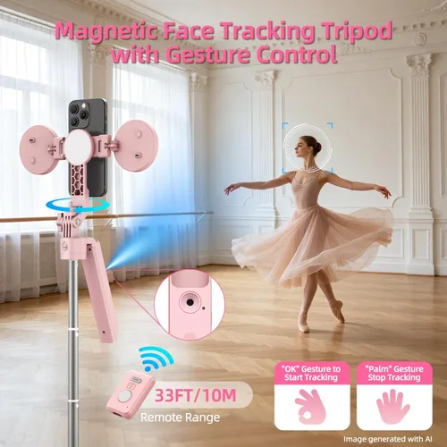 Vista 3 de Kit de vlogging rosa para iPhone/Android, trípode magnético de seguimiento facial automático de 71 pulgadas para iPhone, palo selfie 6 en 1
