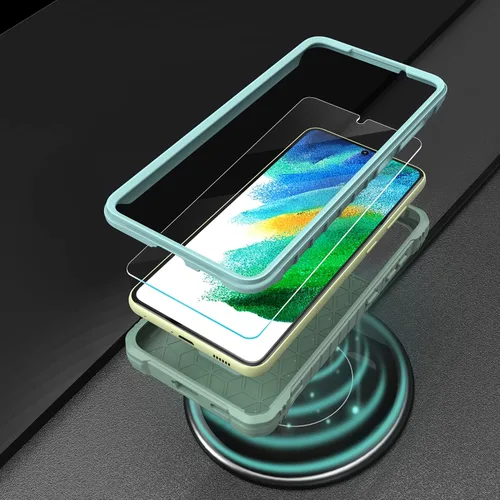 Vista 7 de ExoGuard Funda para Samsung Galaxy S21 FE, funda de goma a prueba de golpes de cuerpo completo con protector de pantalla de vidrio templado y Verde