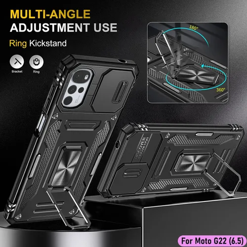 Vista 5 de Funda resistente para Motorola Moto G22, protector de parachoques de goma híbrido de doble capa de grado militar con protector de cámara deslizante