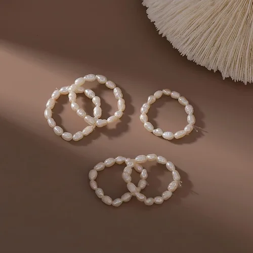 Vista 9 de ERLOSYA Anillo de perlas cultivadas estilo bohemio vintage, ajustable, anillos de perlas de agua dulce elásticos de moda para mujeres, anillos