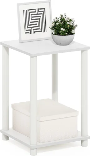 Vista 21 de Furinno Claude Mesa Auxiliar, Mesa Lateral de Mediados de Siglo con Estación de Carga, Mesita de Noche con Patas de Madera, Mesa de Cabecera