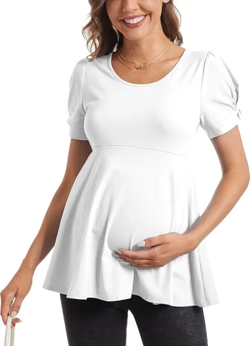 Vista 2 de Camisetas de maternidad para mujer, manga corta abombada, cuello redondo, ropa casual de embarazo