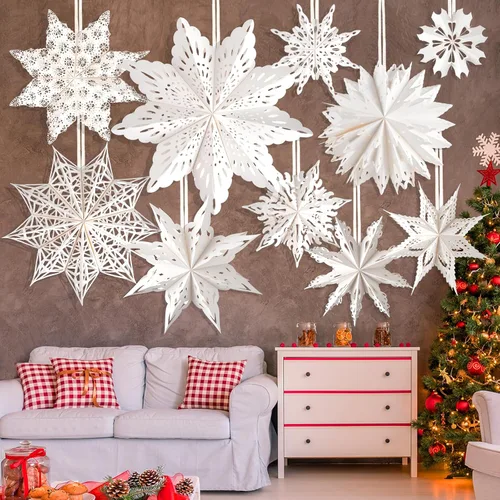 Vista 2 de 10 piezas de linternas de copo de nieve de papel de Navidad, grandes linternas de papel de estrella de Navidad con luces LED, adornos blancos