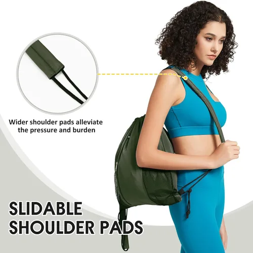 Vista 2 de WANDF Mochila con cordón y almohadilla para el hombro, mochila deportiva para gimnasio con bolsillo de malla para mujeres y hombres, Verde oscuro