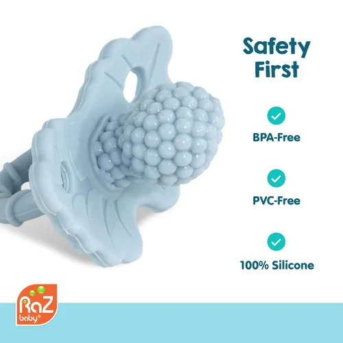 Vista 4 de RaZbaby RaZberry - Mordedera de silicona para bebé (2 unidades) - Berrybumps alivia las encías adoloridas del bebé - Chupón de juguete para alivio