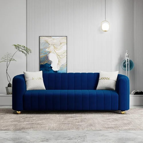 Vista 16 de Moderno sofá de terciopelo negro para sala de estar, sofá individual de 42 pulgadas con patas de esfera de metal dorado (negro 1S)