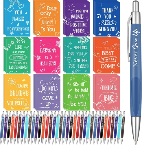 Vista 9 de Yeaqee Juego de 72 Piezas de Bolígrafos Motivacionales y Blocs de Notas, Bolígrafo de Punta de Bola con Citas Inspiradoras, Cuaderno Pequeño, Mini
