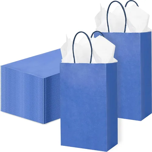 Vista 5 de DjinnGlory Paquete de 100 bolsas de regalo pequeñas de papel azul marino náutico con asas, juego a granel para graduaciones, pequeñas empresas