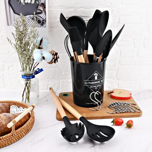 Vista 3 de Juego de utensilios de cocina de silicona negra con soporte de cubo de almacenamiento, mango de madera antiadherente, utensilios de cocina