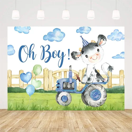 Vista 2 de Sendy Telón de fondo de baby shower de vaca sagrada de 7 x 5 pies para niño Oh Baby Farm temática de decoración de fiesta, suministros de hierba