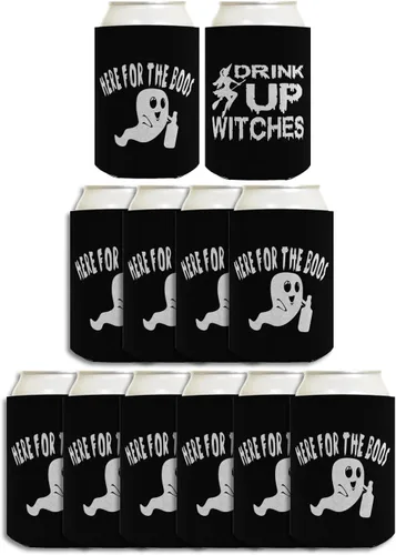 Vista 29 de Decoración espeluznante de Halloween Bebe brujas aquí para los abucheos 2 caras Paquete de 2 termoenfriadores ultra delgados para latas