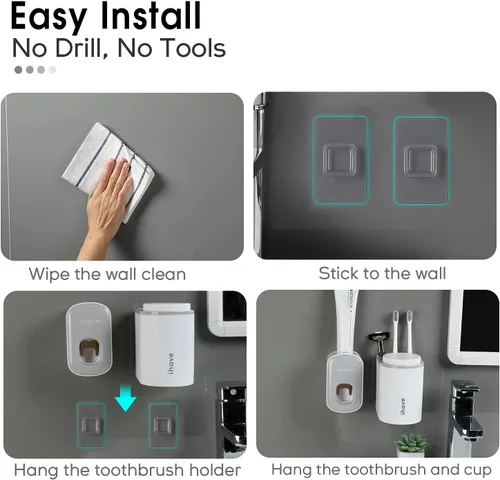 Vista 3 de iHave - Soporte para cepillos de dientes montado en la pared con dispensador automático de pasta de dientes, 2 tazas de soportes para cepillos