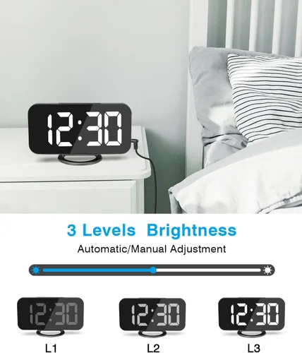 Vista 3 de Reloj despertador digital, relojes electrónicos con espejo LED de 7 pulgadas, con 2 puertos de carga USB, modo de suspensión, ajuste automático