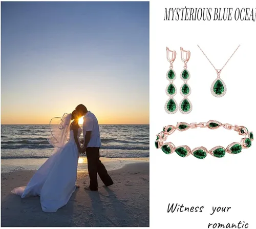 Vista 3 de LMXXVJ Juego de collar y aretes largos, chapado en oro blanco, juego de joyas de zafiro azul creado, joyería de regalo para boda, fiesta de boda