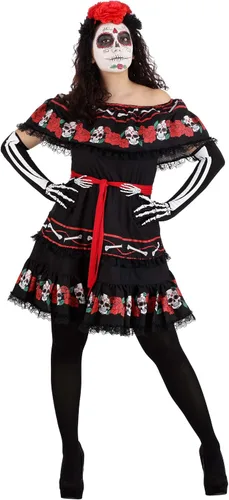 Vista 4 de Disfraz de calavera de azúcar para mujer, vestido con cinturón y tocado floral