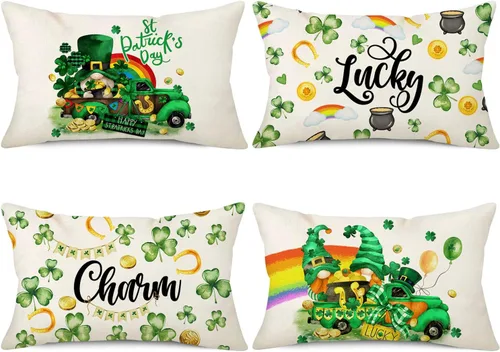 Vista 8 de NIGHTWISH Juego de 4 fundas de almohada del Día de San Patricio de 16 x 16 pulgadas, diseño de gnomo de camión de trébol, decoración del día de San