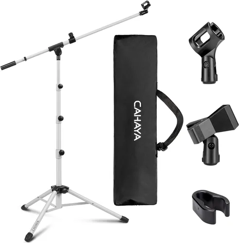 Vista 10 de CAHAYA Soporte de micrófono trípode de doble uso con brazo extensible y pie para micrófono portátil con bolsa de transporte y 2 clips para micrófono