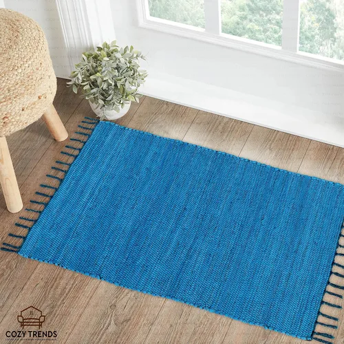 Vista 4 de Alfombra de trapo de algodón hecha a mano de 24 x 36 pulgadas, alfombra multicolor de 2 x 3 pies, tejida a mano, lavable y reversible para sala