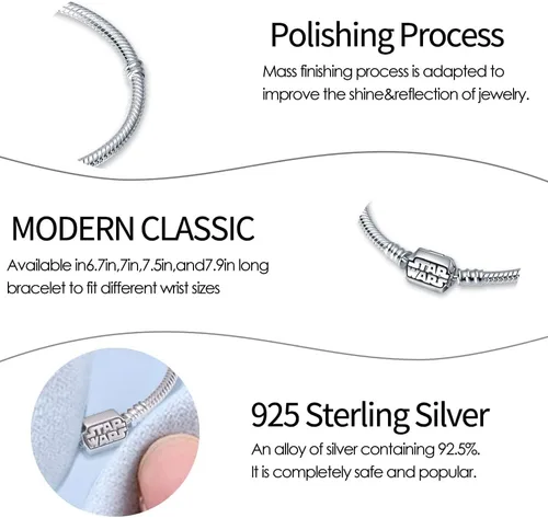 Vista 2 de LIGHTDOG Pulsera con dijes Pandora de plata de ley 925 con cadena de serpiente, se adapta a cualquier dije de regalo para mujer