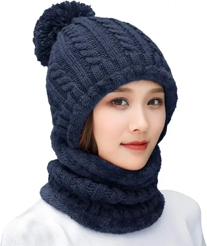 Vista 27 de Gorro de Invierno para Mujer de Una Pieza con Forro Polar Pasamontañas de Punto Conjunto con Bufanda Circular para Cuello Gorro de Esquí para Nieve