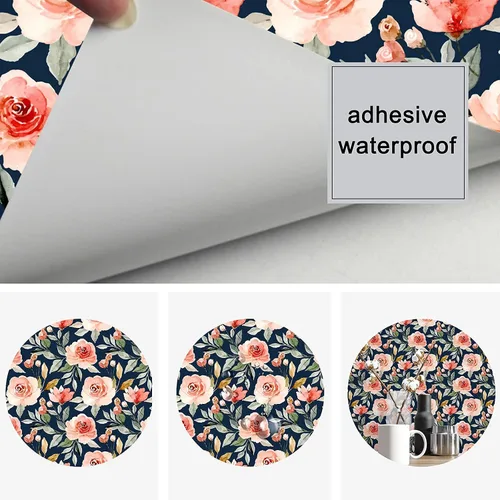 Vista 7 de Papel tapiz floral con fondo azul marino, autoadhesivo, extraíble, acuarela, flores, vinilo, papel de pared para estantería, encimera, decoración