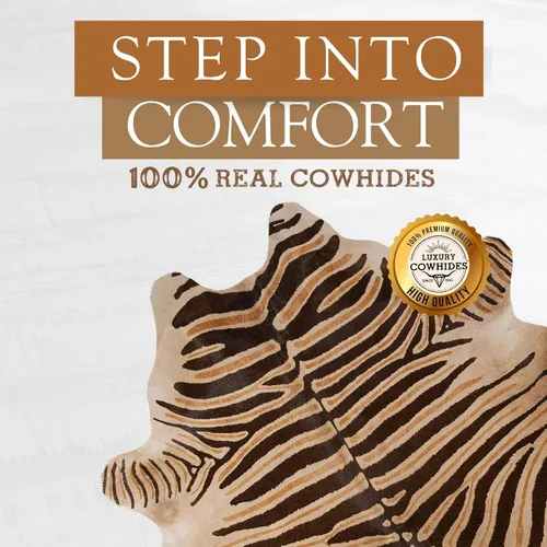 Vista 3 de Sunshine Cowhides Alfombra de piel de vaca 100% genuina con estampado salvaje de cebra negro sobre beige, alfombra de estilo moderno de piel