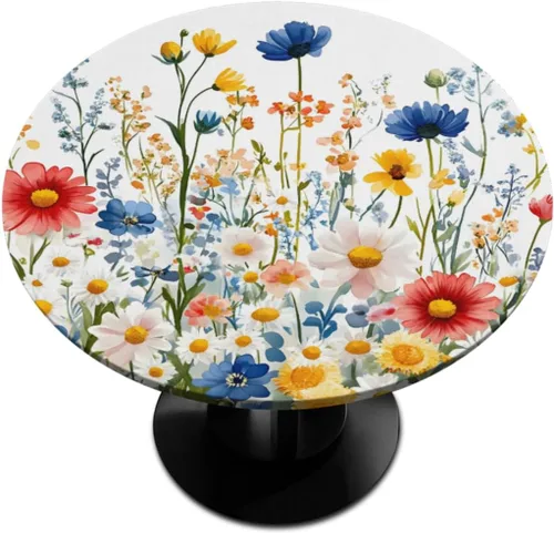 Vista 37 de Pardick Mantel redondo ajustado con borde elástico, mantel de mesa redonda con diseño de hojas abstractas y coloridas, impermeable y lavable, ideal