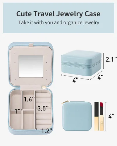 Vista 4 de Vlando Pequeño organizador de joyas de viaje, vitrina para niñas, mujeres, regalo anillos, aretes, collares, almacenamiento con espejo azul