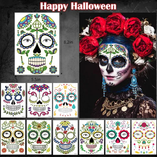 Vista 2 de Kit de maquillaje de tatuajes faciales del Día de los Muertos, paquete de 10 tatuajes temporales para Halloween, calavera de azúcar, rosas rojas