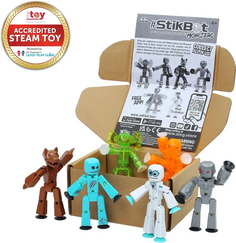 Vista 2 de Zing Stikbot Monster Werewolf & Cyborg Pack, Juego de 6 figuras de acción coleccionables de monstruos Stikbot, animación Stop Motion, ideal